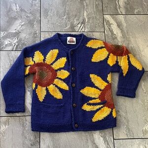 🌻 Vintage Amano Wool Sweater Navy Blue Sunflowers M/L Yellow Cardigan Button